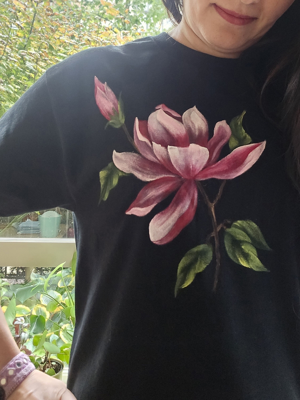 Hand-Painted Floral Black Women’s Tee - Pink Magnolia Design